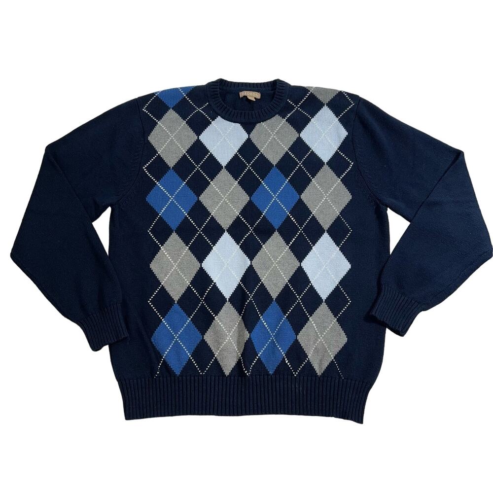George Mens Argyle Sweater V Neck Pullover Long Sleeve Knit Blue Gray Large